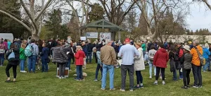 People gathered outside the Danville Library for the "We Choose Love" Rally.