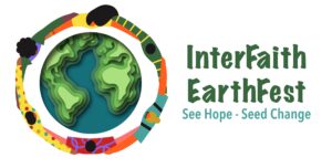EarthFest logo: Artistic rendering of people dancing around the Earth