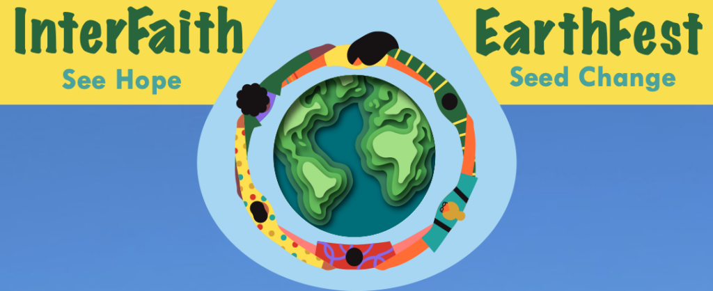 Logo for InterFaith EarthFest: An artistic image of people dancing around the earth. See Hope - Seed Change