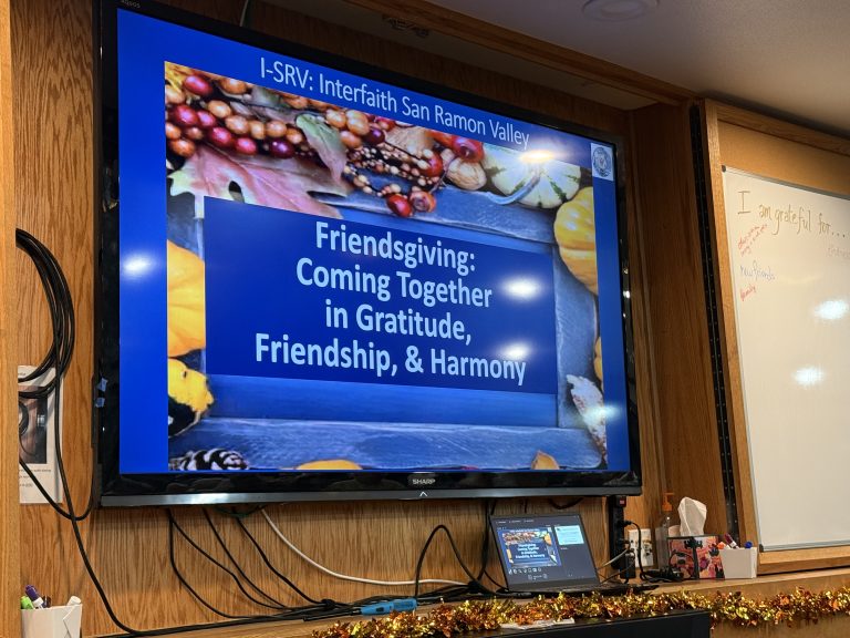 Slide welcoming people to Friendsgiving: Coming Together in Gratitude, Friendship, & Harmony.
